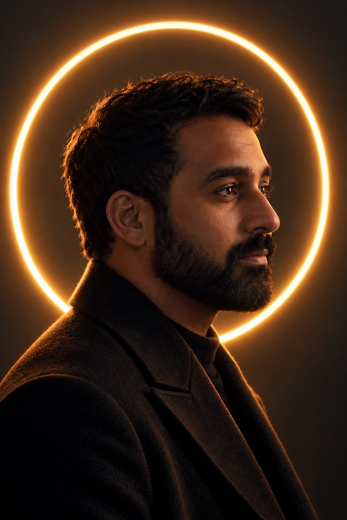 Example cinematic halo-lit side-profile portrait generated from a photo
